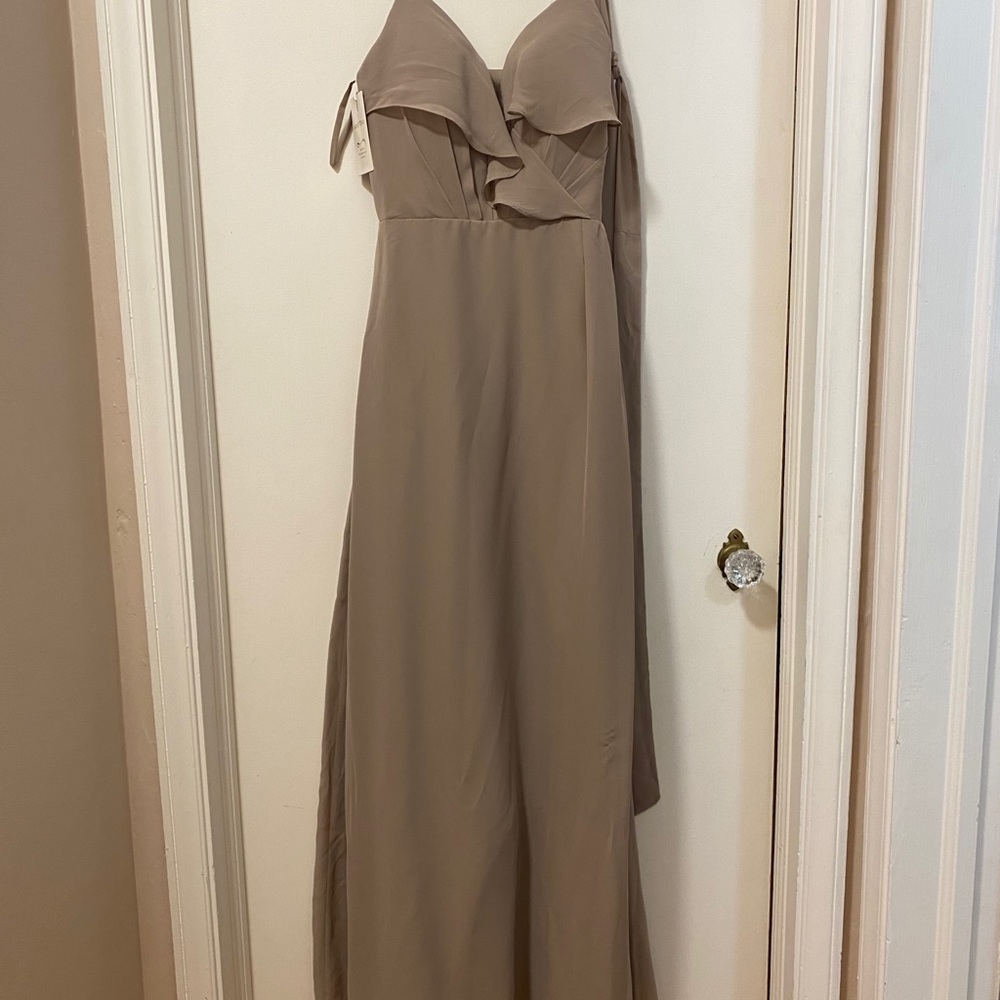 Taupe Scoop Back Ruffled Chiffon Bridesmaid Dress - Picture 3 of 6
